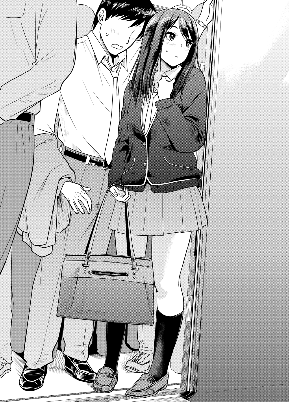 1boy 1girl bag cardigan dress_shirt greyscale ground_vehicle hand_on_own_chest highres holding holding_bag idolmaster idolmaster_cinderella_girls kashiwagi_tatsuya loafers long_hair monochrome necktie no_eyes school_bag school_uniform shibuya_rin shirt shoes skirt socks train