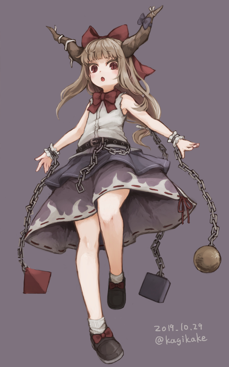 1girl :o ball_and_chain_restraint belt black_belt bow bowtie brown_footwear chain commentary_request dated full_body grey_background hair_bow hair_ribbon highres horn_bow horn_ornament horns ibuki_suika kagikake light_blush light_brown_hair loafers long_hair looking_at_viewer low-tied_long_hair open_mouth purple_bow purple_skirt red_bow red_eyes red_neckwear red_ribbon ribbed_legwear ribbon ribbon-trimmed_skirt ribbon_trim shirt shoes simple_background skirt sleeveless sleeveless_shirt slit_pupils socks solo torn_clothes torn_sleeves touhou tress_ribbon twitter_username white_legwear white_shirt wrist_cuffs