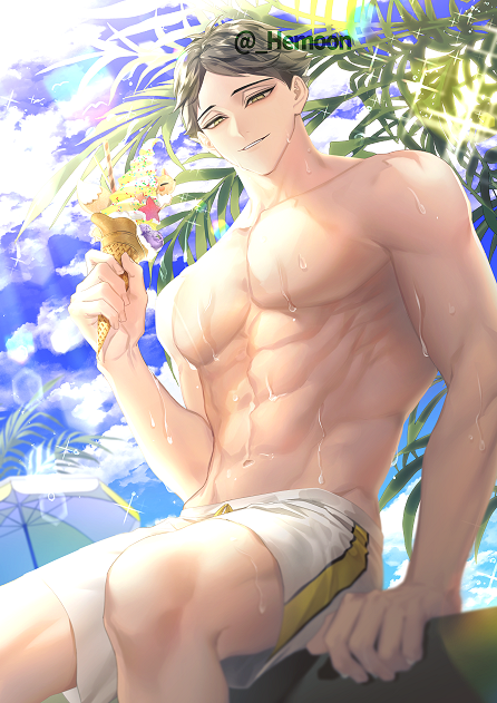 1boy abs bangs beach bird black_hair blue_sky clouds day food haikyuu!! hemoon holding holding_food ice_cream ice_cream_cone looking_at_viewer male_focus male_swimwear male_underwear navel ocean outdoors palm_tree parasol parted_lips pectorals seagull sitting sky smile solo summer suna_rintarou swim_trunks symbol-only_commentary toned toned_male topless_male tree twitter_username umbrella underwear water