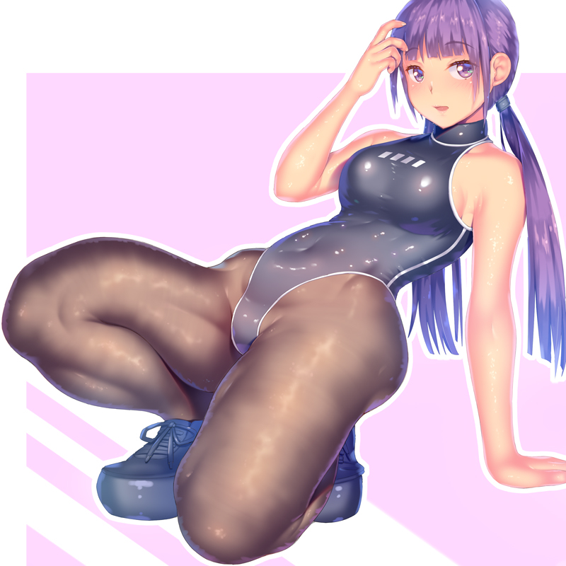 1girl a.x. bangs black_footwear black_legwear black_swimsuit blunt_bangs competition_swimsuit highleg highleg_swimsuit long_hair low_twintails one-piece_swimsuit original pantyhose purple_hair shiny shoes sleeveless sleeveless_turtleneck sneakers solo squatting swimsuit turtleneck twintails violet_eyes