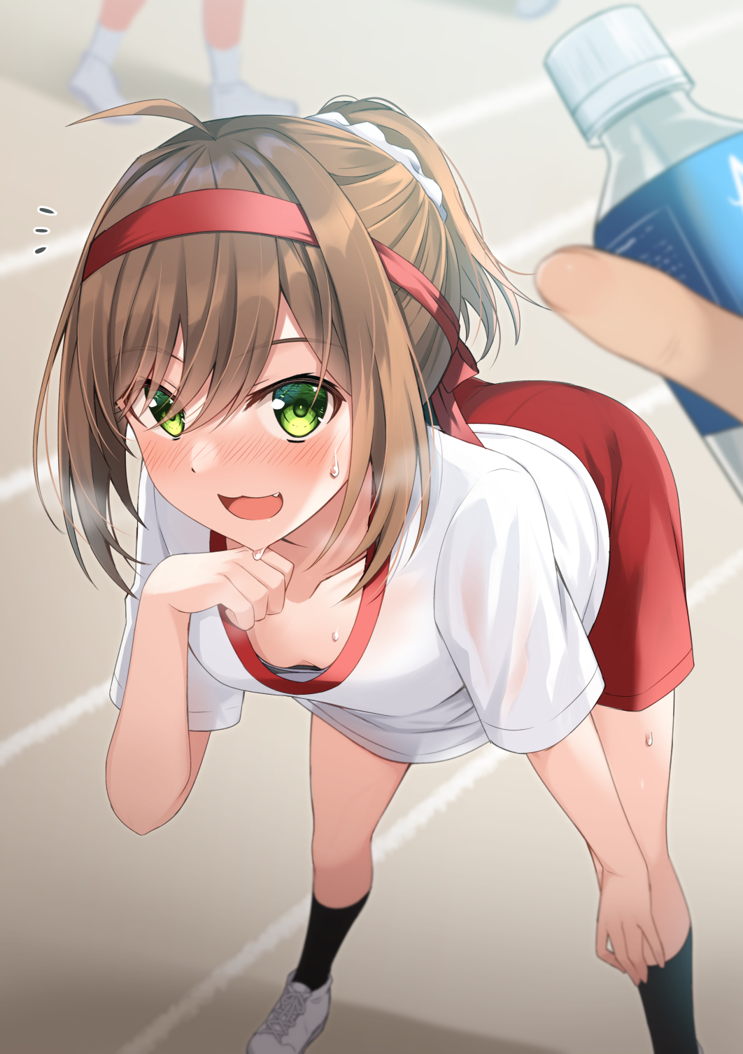 1girl 2others :d ahoge bangs bent_over black_legwear blurry blurry_background blush bottle breasts brown_hair collarbone commentary_request depth_of_field eyebrows_visible_through_hair fang green_eyes gym_shirt gym_shorts gym_uniform hair_between_eyes hair_intakes hair_ornament hair_scrunchie haru_(kuzuyu) headband highres holding holding_bottle komori_kuzuyu looking_at_viewer multiple_others nose_blush open_mouth original ponytail red_headband red_shorts scrunchie shirt shoes short_shorts short_sleeves shorts sidelocks small_breasts smile socks solo_focus standing sweat water_bottle white_footwear white_scrunchie white_shirt