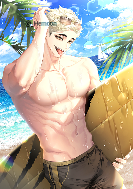 1boy :p abs arm_up bangs beach bird blonde_hair blue_sky boat brown_eyes clouds day eyebrows eyewear_on_head haikyuu!! hand_in_hair hemoon holding holding_surfboard looking_at_viewer male_focus male_swimwear male_underwear miya_atsumu multicolored_hair navel ocean outdoors palm_tree pectorals sailboat sand seagull short_hair sky solo summer sunglasses surf surfboard swim_trunks symbol-only_commentary toned toned_male tongue tongue_out topless_male tree twitter_username two-tone_hair underwear water watercraft wet