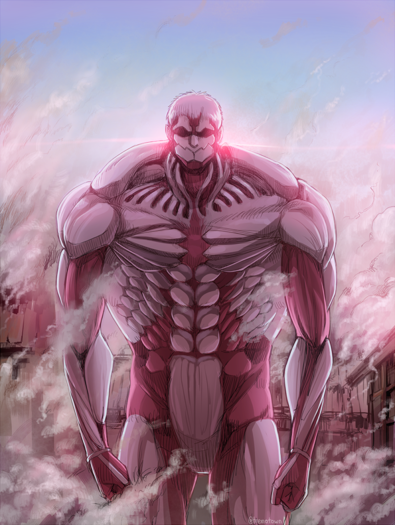 1boy abs armored_titan blonde_hair clear_sky closed_mouth debris feet_out_of_frame giant giant_male male_focus muscular muscular_male nene_(10575936) pectorals shingeki_no_kyojin sky smoke solo sunset