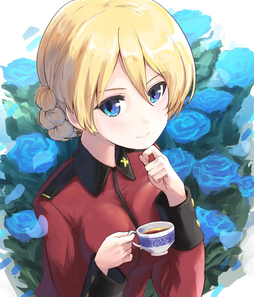 1girl blonde_hair blue_eyes blue_flower blue_rose braid breasts buchikaki cup darjeeling_(girls_und_panzer) finger_to_own_chin flower french_braid girls_und_panzer hair_between_eyes jacket looking_at_viewer medium_breasts red_jacket rose short_hair smile solo st._gloriana's_military_uniform teacup upper_body