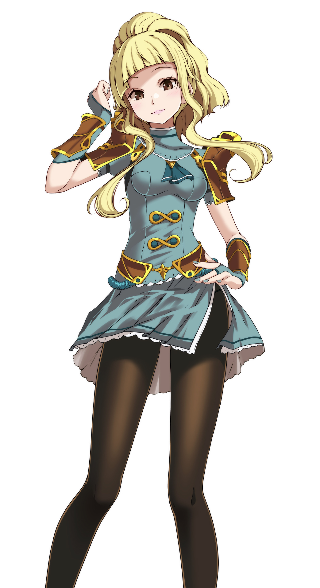 1girl arm_guards armor black_legwear blonde_hair blue_nails brown_eyes clair_(fire_emblem) closed_mouth feet_out_of_frame female fire_emblem fire_emblem_echoes:_shadows_of_valentia fire_emblem_heroes hand_on_hip hand_up highres hime_cut kaede_nagisa light_smile lips looking_at_viewer miniskirt nail_polish pantyhose ponytail shoulder_armor side_slit simple_background skirt solo standing wavy_hair white_background