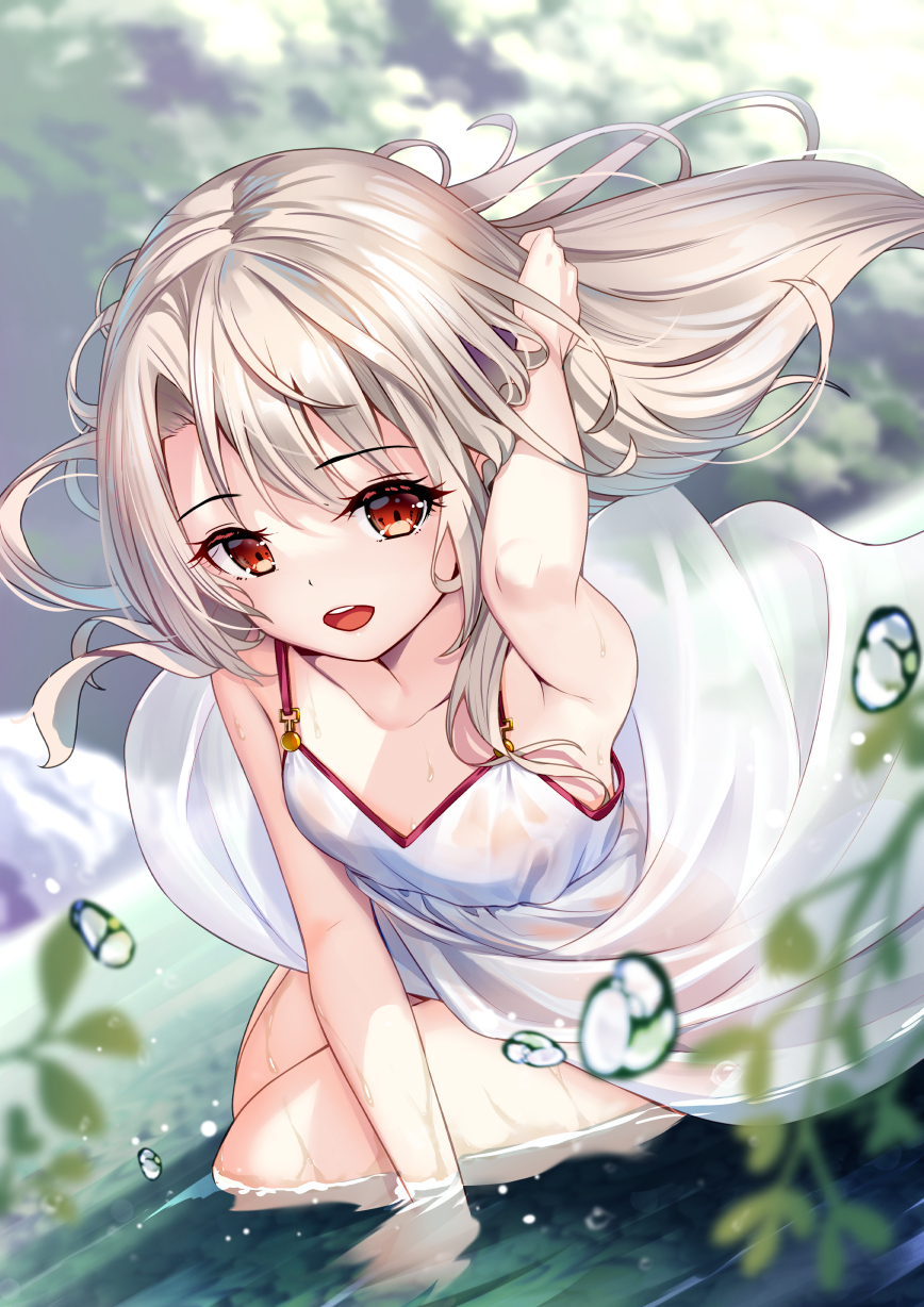 1girl :d arm_support bangs bare_arms blonde_hair blurry brown_eyes collarbone commentary_request day dress eyelashes fate/kaleid_liner_prisma_illya fate_(series) floating_hair hand_up highres illyasviel_von_einzbern leaf long_hair looking_at_viewer open_mouth outdoors revision shiny shiny_hair smile solo tongue upper_teeth water water_drop wet wet_clothes wet_dress white_dress yan_(nicknikg)