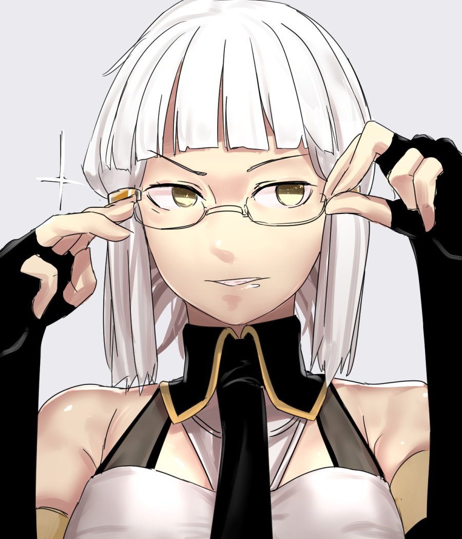 1girl bare_shoulders black_gloves black_neckwear bob_cut fate/grand_order fate_(series) fingerless_gloves gloves grey_background grin hands_up i-pan medium_hair necktie penthesilea_(fate) simple_background smile solo symbol-only_commentary upper_body white_hair yellow_eyes