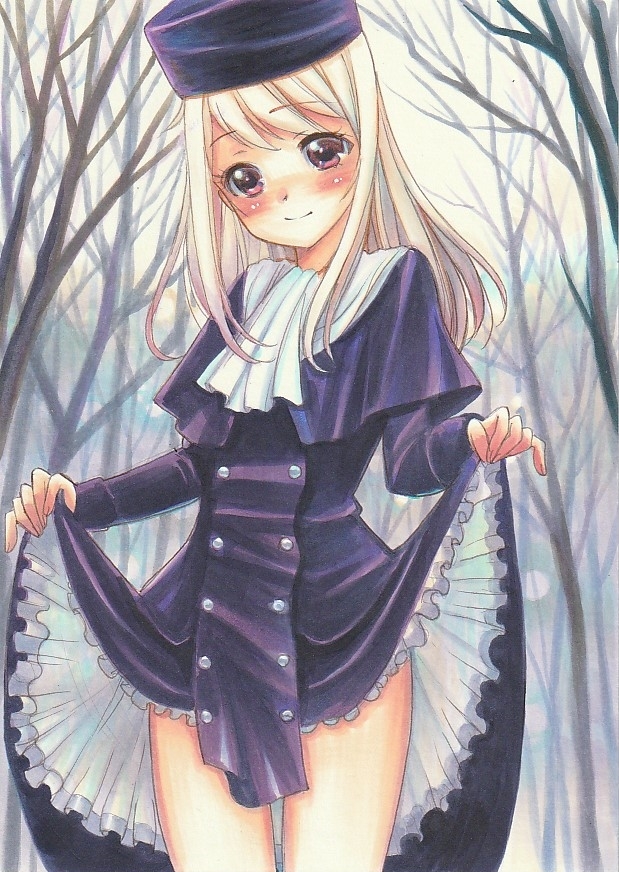 1girl bangs blush capelet closed_mouth clothes_lift cowboy cowboy_shot cowboy_western dress dress_lift eyebrows_visible_through_hair fate/stay_night fate_(series) forest illyasviel_von_einzbern lifted_by_self long_hair long_sleeves nature outdoors purple_capelet purple_dress purple_headwear red_eyes silver_hair smile solo standing straight_hair thigh_gap tomoeri winter