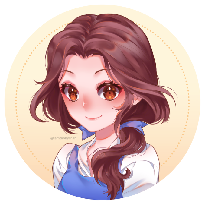 1girl beauty_and_the_beast belle_(disney) blue_bow blush bow brown_eyes brown_hair closed_mouth hair_bow hair_intakes hair_over_shoulder long_hair looking_at_viewer low_ponytail shiny shiny_hair shirt smile solo tabby_chan twitter_username upper_body white_shirt