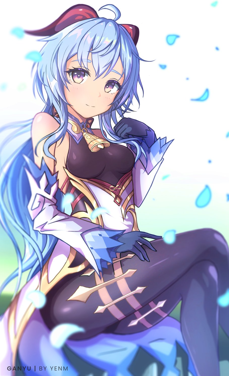 1girl ahoge ass bare_shoulders bell between_breasts black_legwear blue_hair blurry blurry_foreground breasts closed_eyes crossed_legs detached_collar detached_sleeves feet_out_of_frame ganyu_(genshin_impact) genshin_impact gloves goat_horns gold_trim hair_between_eyes highres horns long_hair looking_at_viewer multicolored naonoox neck_bell pantyhose parted_lips petals sitting small_breasts smile thigh_strap thighs violet_eyes yellow_eyes