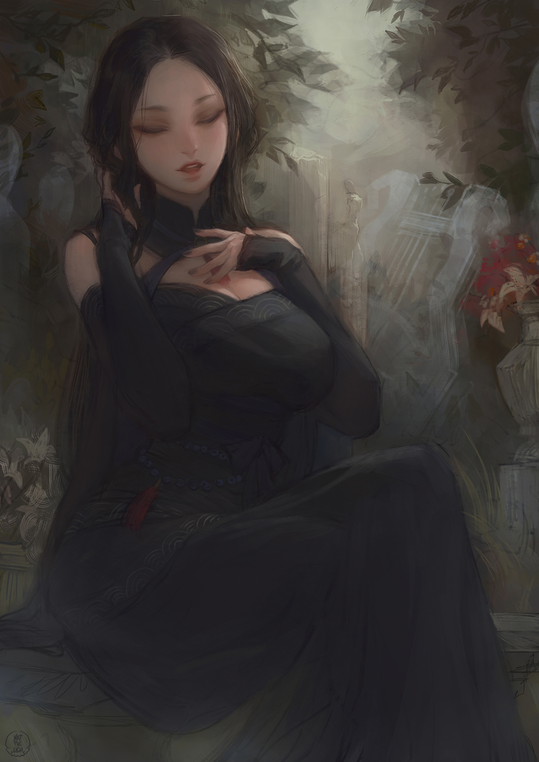 1girl black_dress black_hair breasts closed_eyes crossed_legs detached_sleeves dress feet_out_of_frame garden hand_on_own_chest highres large_breasts long_hair music nat_the_lich original pandora_(nat_the_lich) singing sitting solo