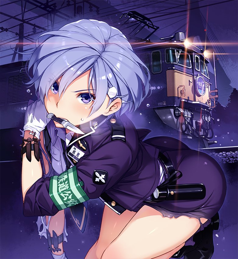 1girl arm_holster armband bangs belt black_belt black_neckwear blue_eyes blue_hair blue_jacket blue_skirt character_request commentary_request dress_shirt gloves ground_vehicle jacket knife leaning_forward looking_at_viewer miniskirt mouth_hold necktie night night_sky outdoors pencil_skirt power_lines rail_wars! shirt short_hair skirt sky solo sweatdrop throwing_knife torn_clothes torn_skirt train uniform vania600 weapon white_gloves white_shirt
