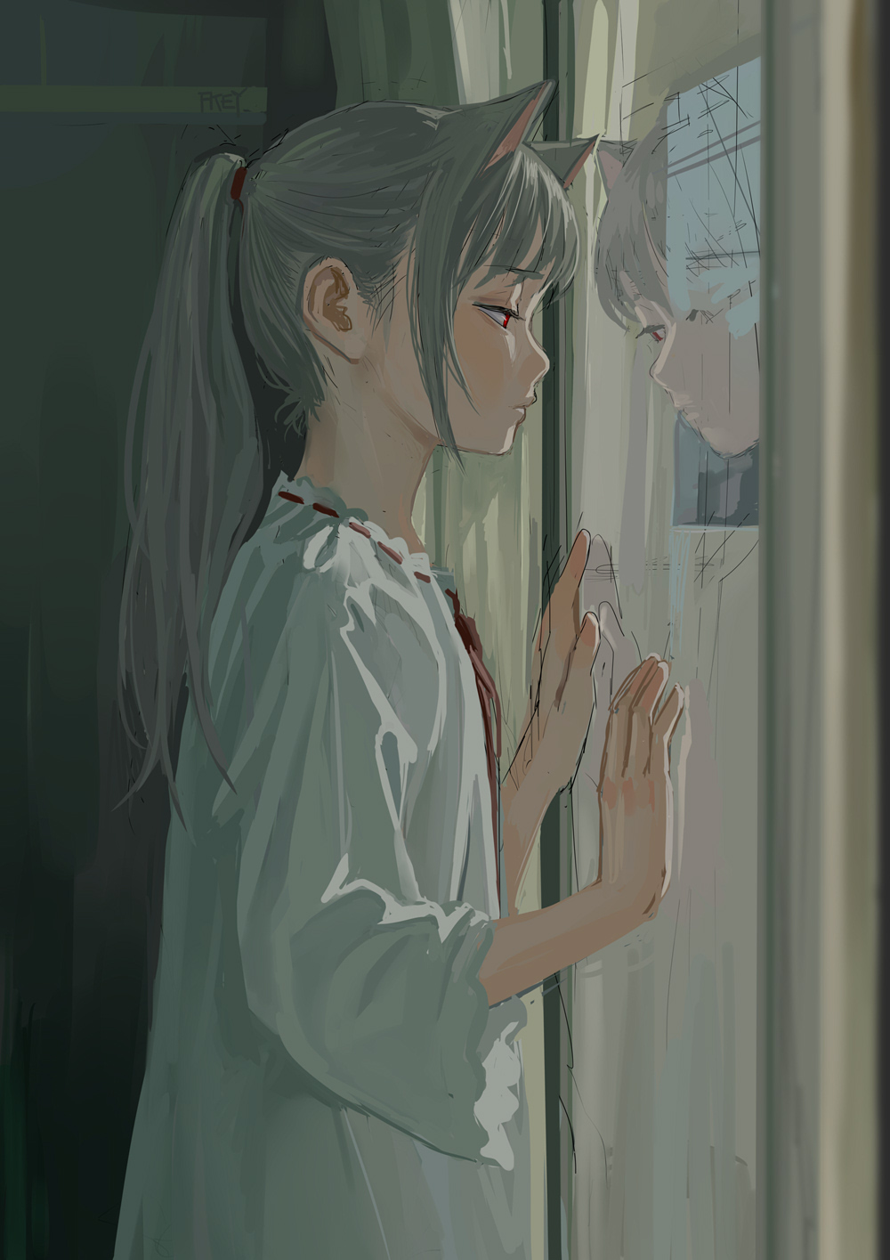 1girl animal_ears cat_ears feiqizi_(fkey) fkey flat_chest grey_hair highres indoors long_hair mirror mirror_image nightgown original pajamas ponytail red_eyes sidelocks solo standing window