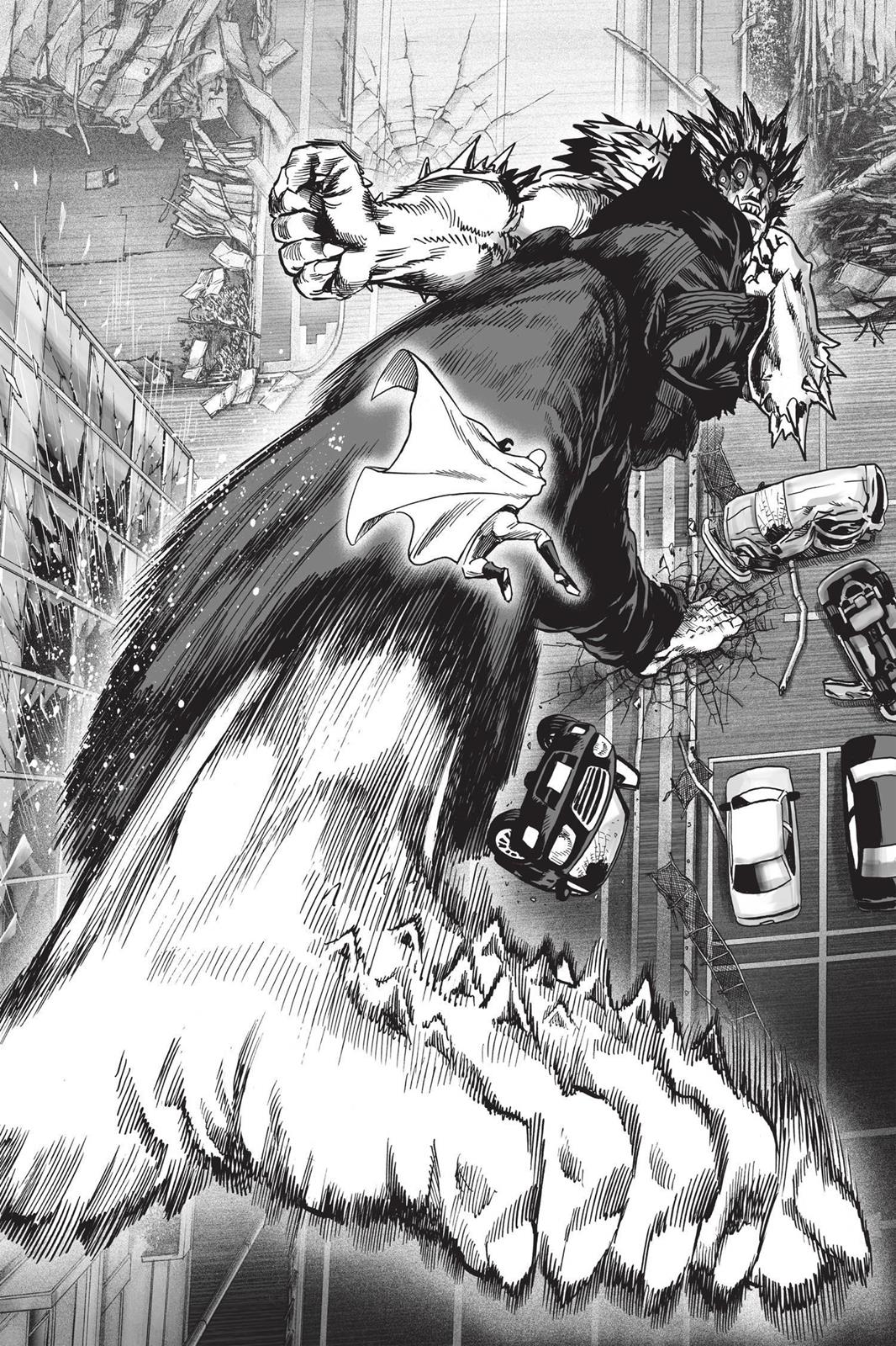 2boys barefoot battle boots broken_glass building cape car clenched_hands cracked_floor damaged dougi extra_eyes fangs fangs_out full_body giant glass gouketsu_(one-punch_man) greyscale ground_vehicle highres kicking monochrome motor_vehicle multiple_boys murata_yuusuke official_art one-punch_man rubble saitama_(one-punch_man) size_difference sleeveless superhero