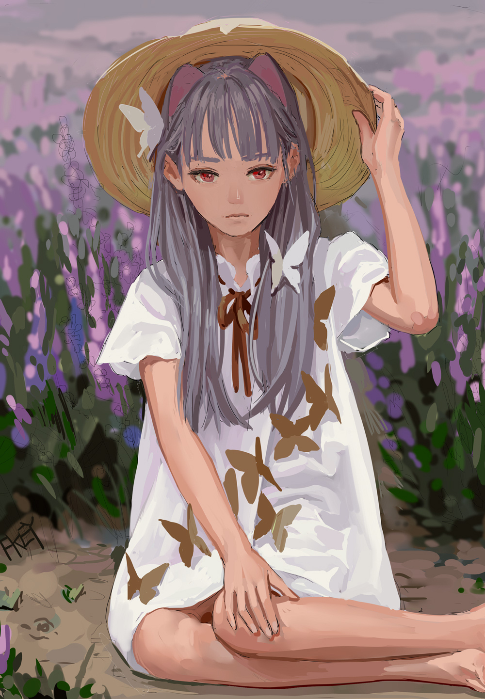 1girl animal_ears bug butterfly butterfly_hair_ornament cat_ears closed_mouth feiqizi_(fkey) fkey flower hair_ornament hair_over_shoulder hat highres lavender_(flower) long_hair looking_at_viewer neck_ribbon on_ground original outdoors red_neckwear red_ribbon ribbon shirt short_sleeves signature sitting solo white_butterfly white_shirt yokozuwari