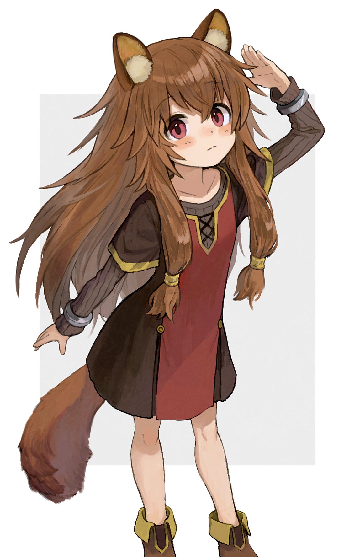 1girl animal_ear_fluff animal_ears bangs blush brown_footwear brown_sweater commentary diszkr2 eyebrows_visible_through_hair highres long_hair looking_at_viewer open_hand pink_eyes raccoon_ears raccoon_tail raphtalia sidelocks solo sweater tail tate_no_yuusha_no_nariagari