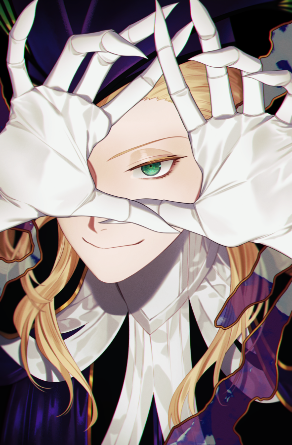 1boy black_headwear blonde_hair butterfly_ornament claws curly_hair eyelashes fate/grand_order fate_(series) formal gloves green_eyes hand_over_face long_hair male_focus pinstripe_pattern pinstripe_suit purple_headwear sindri smile solo striped suit very_long_hair wolfgang_amadeus_mozart_(fate)