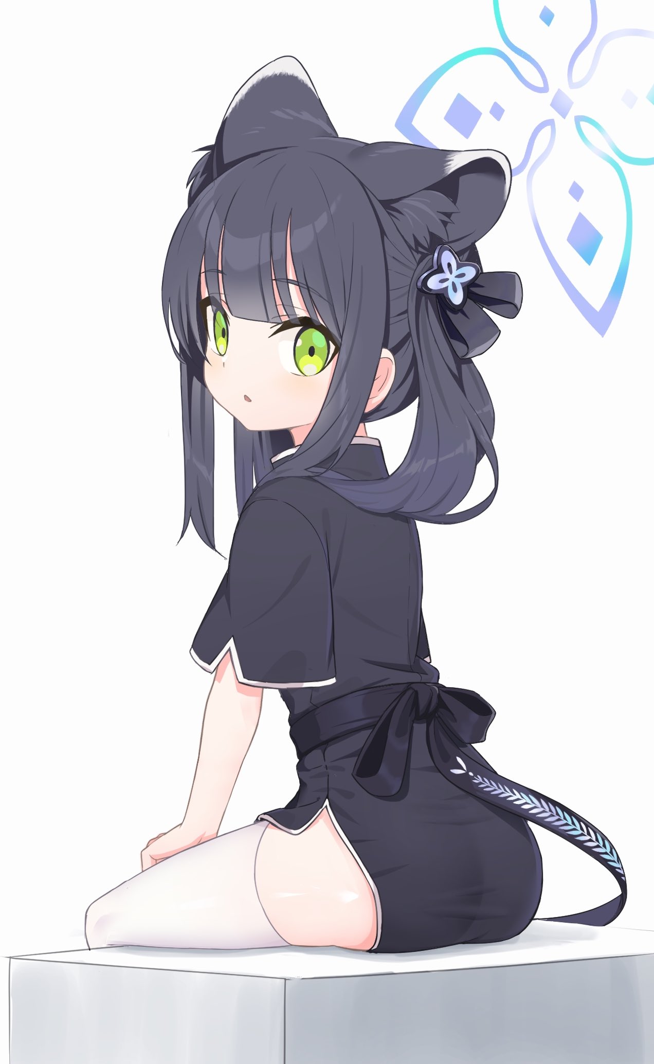 1girl animal_ear_fluff animal_ears ass bangs black_dress black_hair blue_archive bow china_dress chinese_clothes dress eha7y green_eyes hair_bow hair_ornament highres long_hair looking_at_viewer short_sleeves shun_(blue_archive) simple_background sitting solo thigh-highs tiger_ears tiger_girl twintails white_background white_legwear