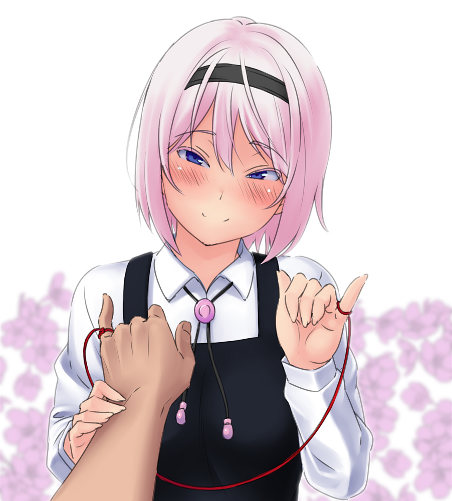 1boy 1girl black_dress black_hairband blue_eyes blush bob_cut closed_mouth collared_shirt copyright_request dress hairband hand_up head_tilt looking_at_viewer medium_hair pinafore_dress pink_hair pinky_out pov pov_hands sanagi_torajirou shirt smile solo_focus string_around_finger upper_body white_shirt wing_collar