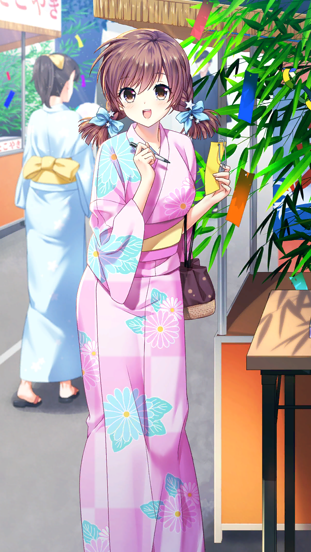 1girl :d bangs blush brown_eyes brown_hair day doukyuusei_2 doukyuusei_another_world eyebrows_visible_through_hair floral_print game_cg hair_between_eyes holding holding_pen japanese_clothes kimono long_hair long_sleeves looking_at_viewer low_twintails nagashima_kumiko official_art open_mouth outdoors pen pink_kimono print_kimono shiny shiny_hair smile solo_focus tanabata twintails