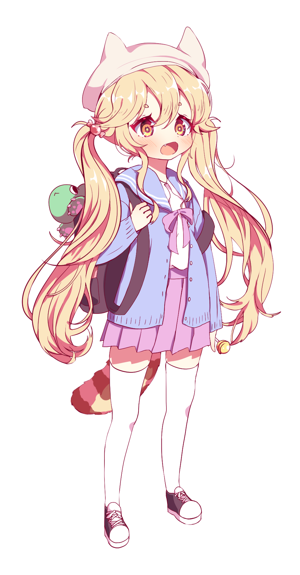 1girl :o absurdly_long_hair backpack bag bangs blonde_hair candy candy_hair_ornament chupa_chups commentary_request eyebrows_visible_through_hair food food-themed_hair_ornament full_body hair_between_eyes hair_ornament hat highres holding holding_candy holding_food jacket lollipop long_hair long_sleeves looking_at_viewer orange_eyes original pleated_skirt raccoon_tail school_bag school_uniform serafuku sidelocks simple_background skirt solo standing stuffed_animal stuffed_toy sweater_jacket tail thick_eyebrows thigh-highs twintails very_long_hair white_background white_legwear yukki_bunny zettai_ryouiki