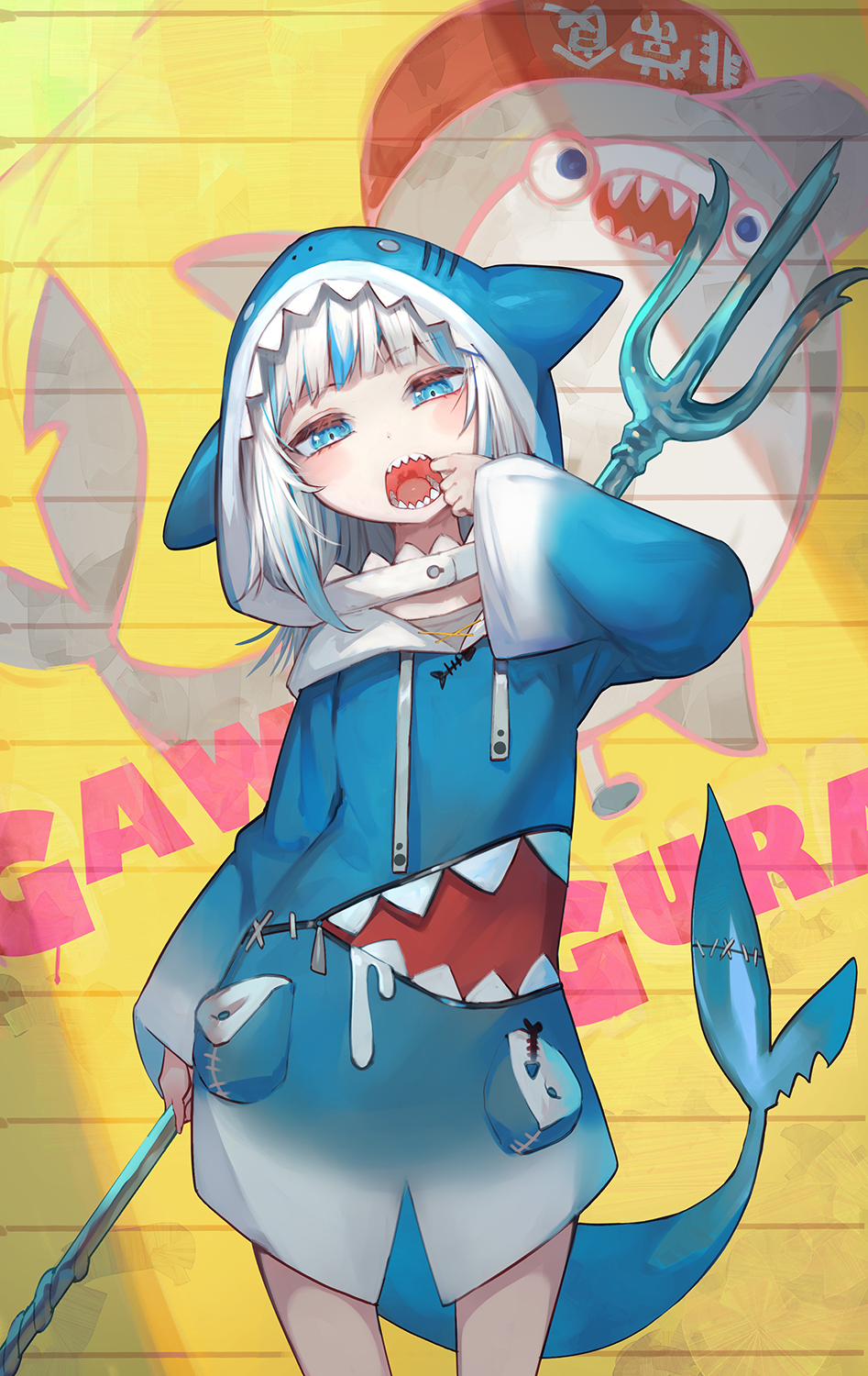 1girl bangs blue_eyes blue_hair blue_jacket blunt_bangs blush eyebrows_visible_through_hair fish_tail gawr_gura highres holding holding_polearm holding_weapon hololive hololive_english hood jacket lack long_sleeves looking_at_viewer multicolored_hair open_mouth polearm shark_tail sharp_teeth solo standing tail teeth thighs trident two-tone_hair virtual_youtuber weapon white_hair