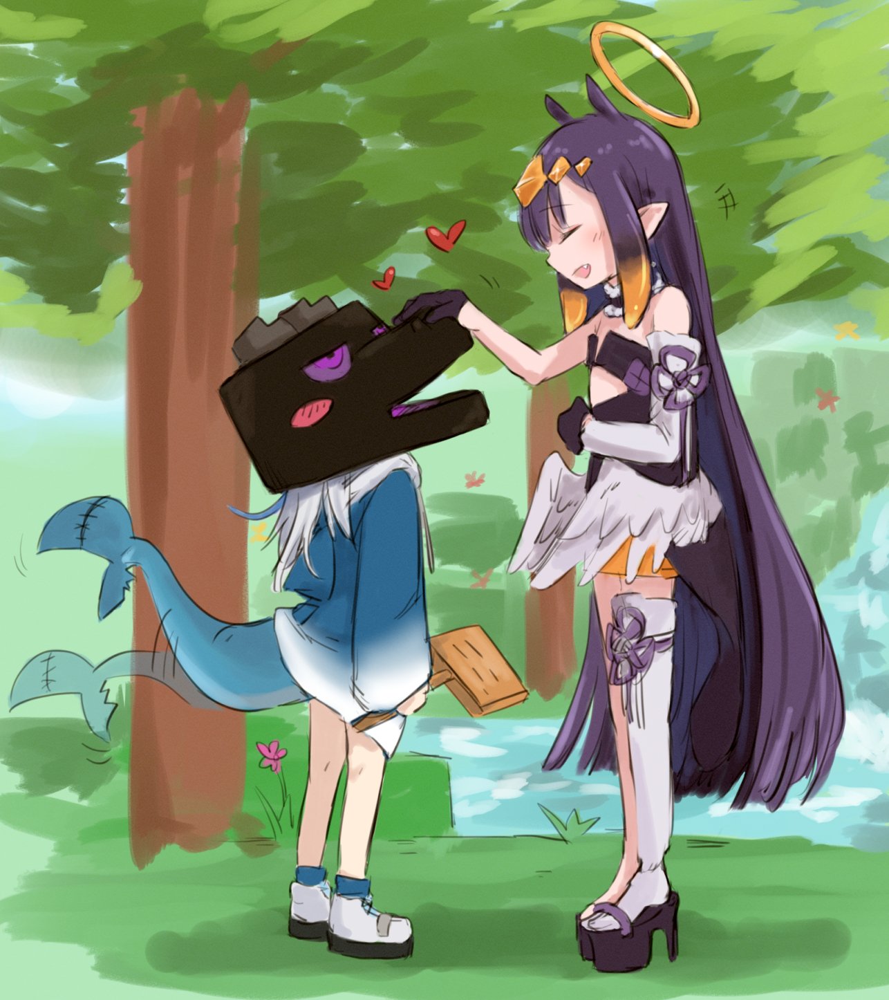 2girls :d aoi_(aoisaka) black_gloves commentary ender_dragon english_commentary fang fish_tail full_body gawr_gura gloves heart high_heels highres hololive hololive_english minecraft multiple_girls ninomae_ina'nis open_mouth petting platform_footwear pointy_ears purple_hair shark_tail signpost single_thighhigh smile standing tail tail_wagging thigh-highs very_long_sleeves virtual_youtuber white_hair