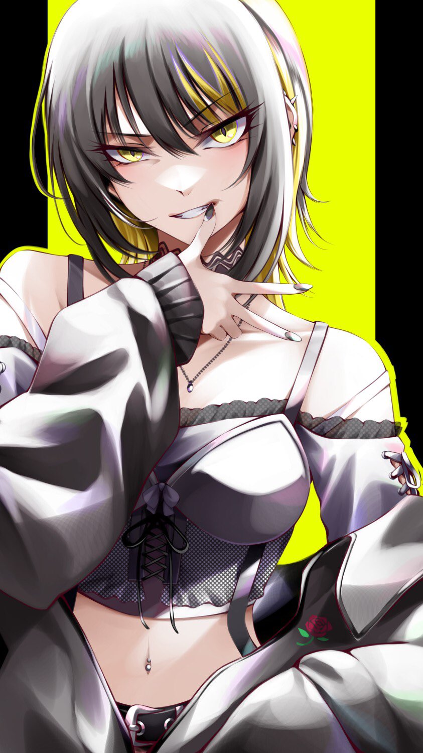 1girl black_hair black_jacket blonde_hair bra_strap choker corset crop_top ear_piercing highres idolmaster idolmaster_shiny_colors ikaruga_luca jacket jacket_partially_removed jewelry looking_at_viewer midriff midriff_peek multicolored_hair nail_polish navel navel_piercing necklace piercing simple_background smirk solo streaked_hair takagi_mitsukuni two-tone_background upper_body v-shaped_eyebrows v-shaped_eyes w