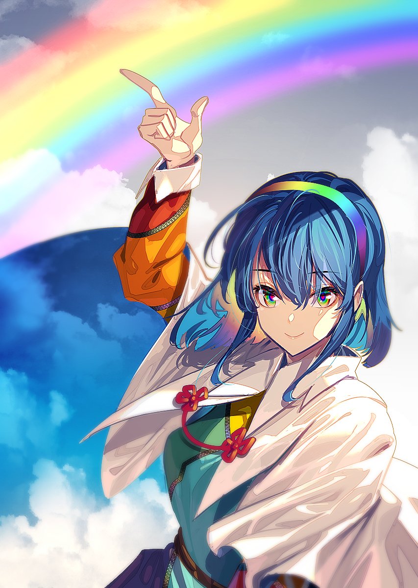 1girl arm_up bangs blonde_hair blue_dress blue_eyes blue_hair blue_hairband buttons cloak closed_mouth clouds cloudy_sky collar dress eyebrows_visible_through_hair eyes_visible_through_hair gradient green_dress green_eyes green_hairband grey_sky hair_between_eyes hairband hand_up highres long_sleeves looking_at_viewer multicolored multicolored_clothes multicolored_dress multicolored_eyes multicolored_hair multicolored_hairband orange_dress orange_hair orange_hairband orange_sleeves pink_dress pink_eyes pink_hair pointing purple_dress purple_hair purple_hairband rainbow rainbow_gradient rainbow_order red_dress red_hairband red_sleeves short_hair sky smile solo tenkyuu_chimata touhou white_cloak yellow_dress yellow_eyes yellow_hairband yellow_sleeves zounose