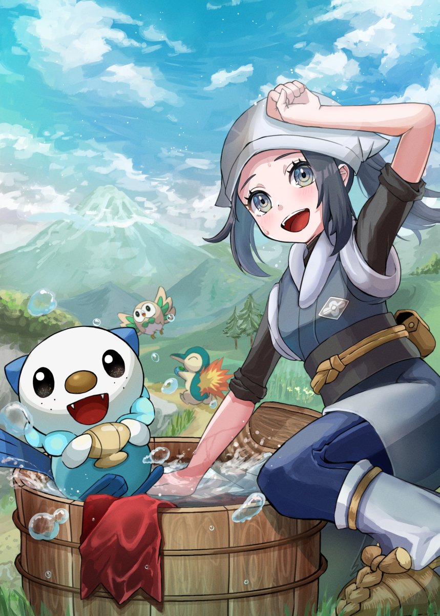 1girl :d akari_(pokemon) black_hair brown_footwear bubble clouds cyndaquil day eyelashes fire grass grey_eyes head_scarf highres long_hair mountain open_mouth oshawott outdoors pokemon pokemon_(creature) pokemon_(game) pokemon_legends:_arceus ponytail rowlet sash setta_shu shoes sidelocks sky sleeves_rolled_up smile socks tongue tree upper_teeth washtub water white_headwear white_legwear