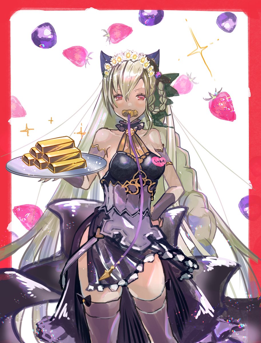 1girl bangs bare_shoulders black_dress border braid breasts choker commentary_request corset dark-skinned_female dark_skin dress feet_out_of_frame food fruit gold_bar granblue_fantasy hair_ornament hand_on_hip head_wreath helel_ben_shalem highres holding holding_tray long_hair looking_at_viewer medium_breasts ori_ibu pacifier red_border red_eyes solo sparkle standing strawberry thigh-highs tray very_long_hair white_background