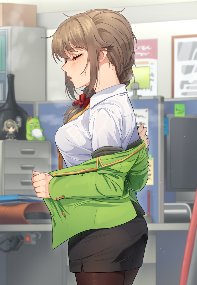 1girl black_skirt blush breasts brown_hair brown_legwear closed_eyes collared_shirt commentary_request cowboy_shot doll drawer from_side green_jacket hair_ornament hair_scrunchie idolmaster idolmaster_cinderella_girls indoors jacket kamille_(vcx68) long_hair long_sleeves medium_breasts off_shoulder office_lady open_clothes open_jacket pantyhose pantylines parted_lips pencil_skirt profile scrunchie senkawa_chihiro shirt skirt solo standing sweatdrop white_shirt
