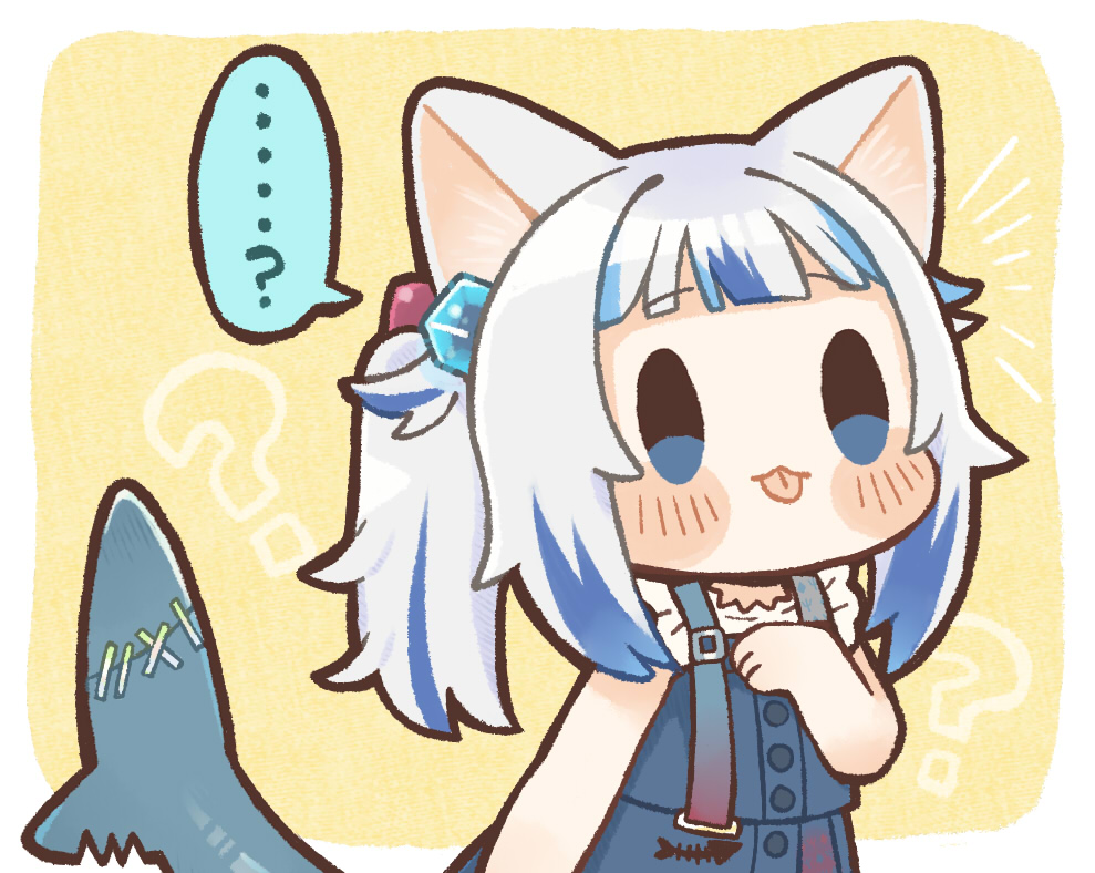 ... 1girl :p ? animal_ears bangs bare_arms black_outline blue_eyes blue_hair blunt_bangs blush_stickers cat_ears chibi commentary_request dated_commentary fish_tail gawr_gura hair_cubes hair_ornament hololive hololive_english multicolored_hair official_alternate_costume outline same_anko shark_tail side_ponytail simple_background solo speech_bubble spoken_ellipsis spoken_question_mark tail tongue tongue_out two-tone_hair virtual_youtuber white_hair yellow_background