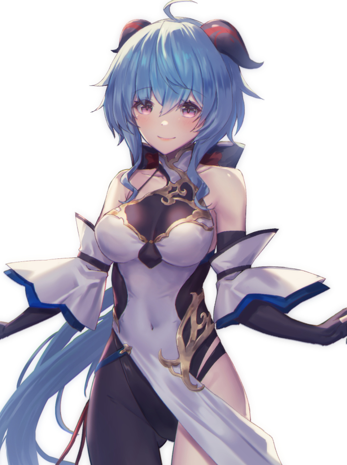 ahoge alternate_costume asymmetrical_legwear bangs bare_shoulders black_gloves blue_hair blush bow bowtie breasts covered_navel cow_horns curled_horns detached_sleeves eyebrows_visible_through_hair ganyu_(genshin_impact) genshin_impact gloves gold_trim horns leotard leotard_under_clothes long_hair looking_at_viewer medium_breasts oukawa_yuu sidelocks single_leg_pantyhose smile solo uneven_legwear very_long_hair violet_eyes white_background
