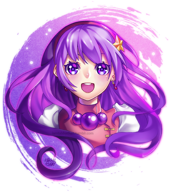 1girl :d character_request earrings floating_hair hair_ornament hairband jewelry long_hair looking_at_viewer open_mouth portrait purple_hair purple_hairband shiny shiny_hair signature smile solo star_(symbol) star_hair_ornament tabby_chan very_long_hair violet_eyes watermark
