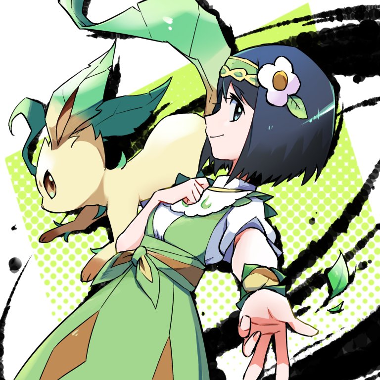 1girl ayo_(ayosanri009) bangs black_hair clenched_hand closed_mouth commentary_request dress erika_(pokemon) eyelashes flower from_side green_dress green_headband hair_flower hair_ornament hand_up headband leaf leafeon leaves_in_wind official_alternate_costume pokemon pokemon_(creature) pokemon_(game) pokemon_masters_ex shirt short_hair short_sleeves smile w white_flower white_shirt