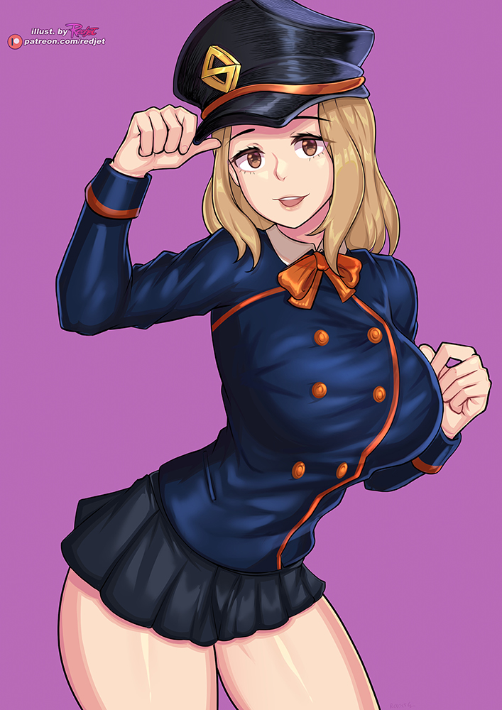 1girl :d alternate_costume arm_up bangs black_headwear black_skirt blonde_hair boku_no_hero_academia bow breasts brown_eyes buttons commentary_request double-breasted hat large_breasts leaning_forward long_hair long_sleeves looking_at_viewer miniskirt open_mouth orange_bow orange_neckwear pink_background redjet shiny shiny_hair simple_background skirt smile solo upper_teeth utsushimi_kemii watermark web_address