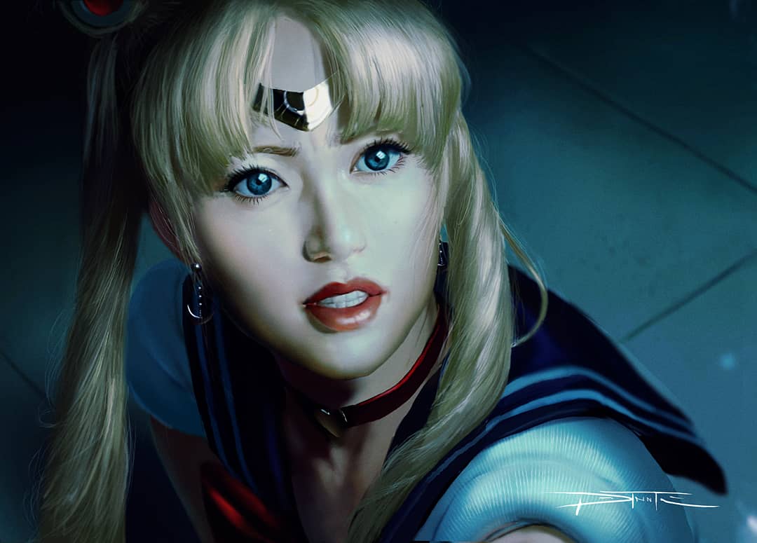 1girl bishoujo_senshi_sailor_moon blonde_hair blue_eyes choker circlet clenched_teeth crescent crescent_earrings derivative_work earrings eyebrows_behind_hair eyelashes heart heart_choker jewelry lips parted_lips photorealistic portrait red_lips sailor_collar sailor_moon sailor_moon_redraw_challenge screencap_redraw signature solo teeth tiago_datrinti tsukino_usagi twintails upper_body