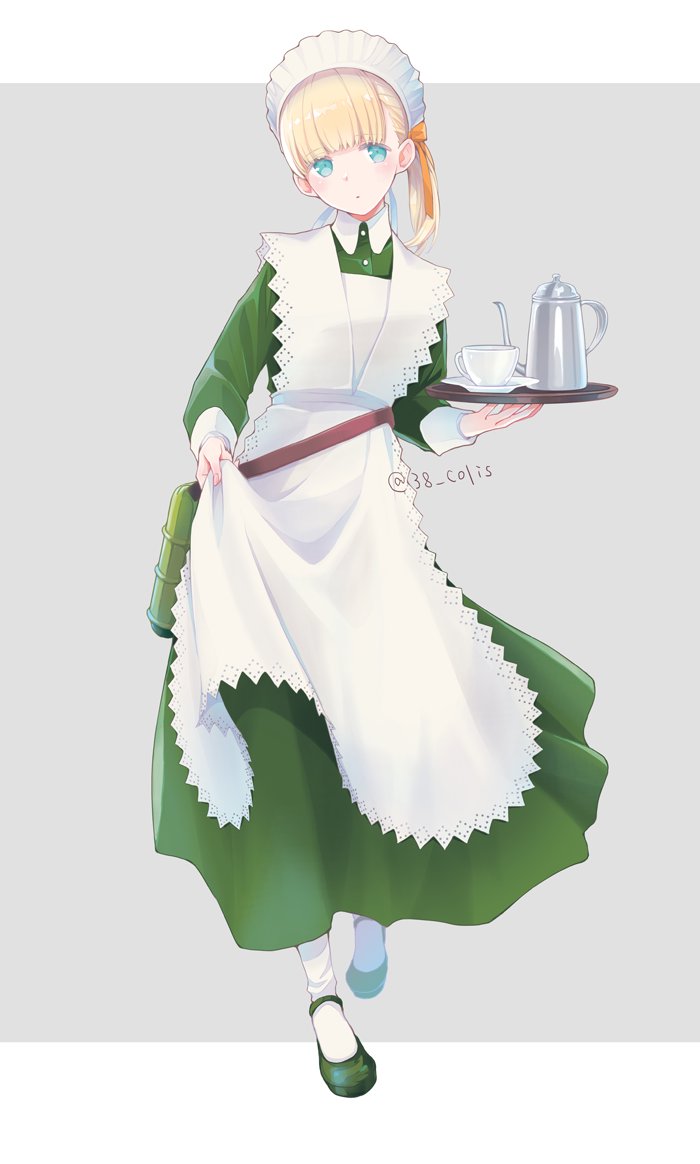1girl alternate_costume apron blonde_hair blue_eyes blush closed_mouth colis cup dress enmaided eyebrows_visible_through_hair full_body green_dress green_footwear holding holding_tray kantai_collection long_hair long_sleeves maid maid_headdress official_alternate_costume shin'you_(kancolle) shoes side_ponytail solo tray twitter_username white_apron