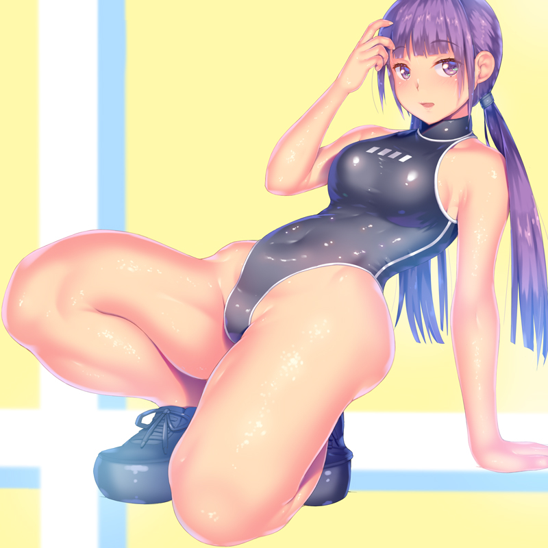 1girl a.x. bangs black_footwear black_swimsuit blunt_bangs commentary_request competition_swimsuit highleg highleg_swimsuit long_hair low_twintails one-piece_swimsuit original purple_hair shiny shoes sleeveless sleeveless_turtleneck sneakers solo squatting swimsuit turtleneck twintails violet_eyes