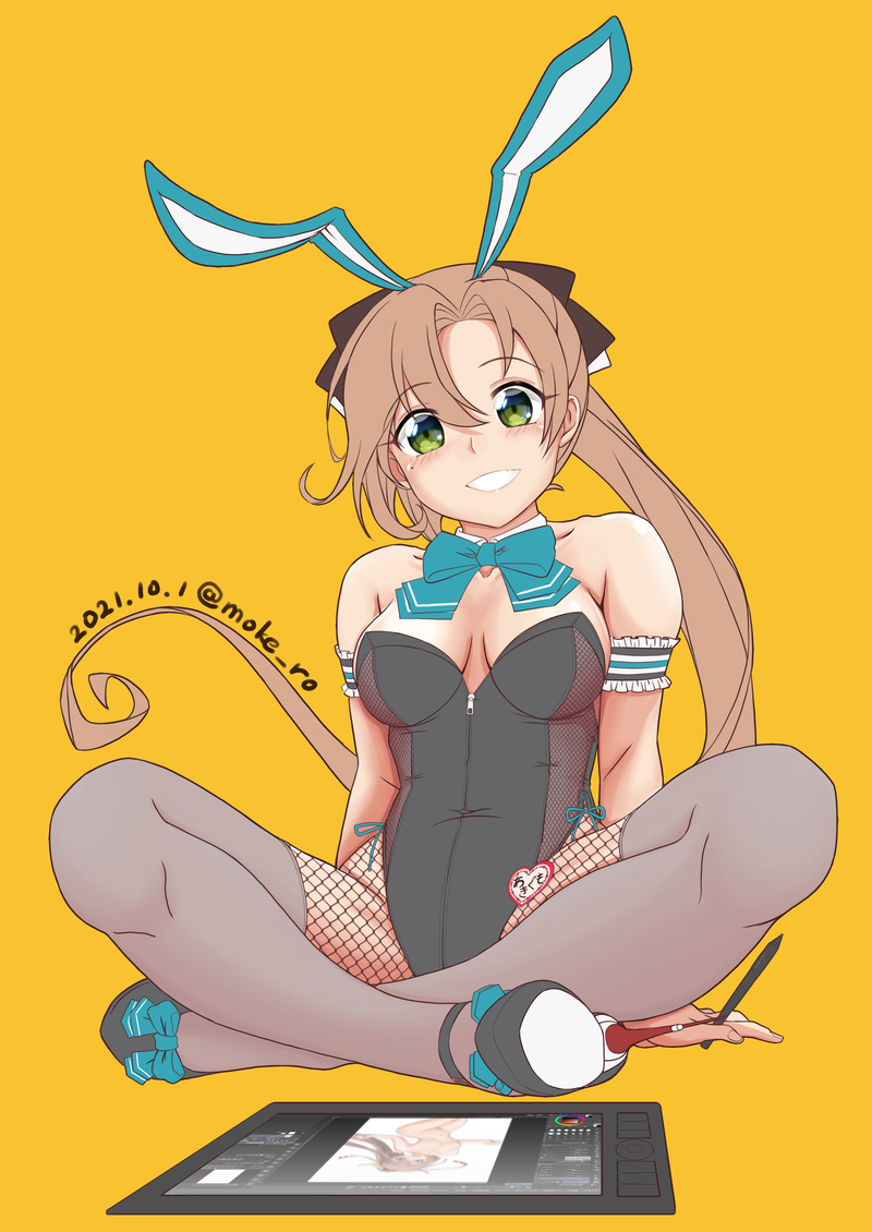 1girl akigumo_(kancolle) animal_ears artist_name bare_shoulders black_footwear black_leotard blue_neckwear blush boots bow bowtie brown_hair brown_ribbon commentary dated fake_animal_ears grey_legwear hair_ribbon high_heel_boots high_heels holding kantai_collection leotard long_hair moke_ro one-hour_drawing_challenge playboy_bunny ponytail rabbit_ears ribbon simple_background sitting smile solo stylus tablet_pc thigh-highs twitter_username yellow_background