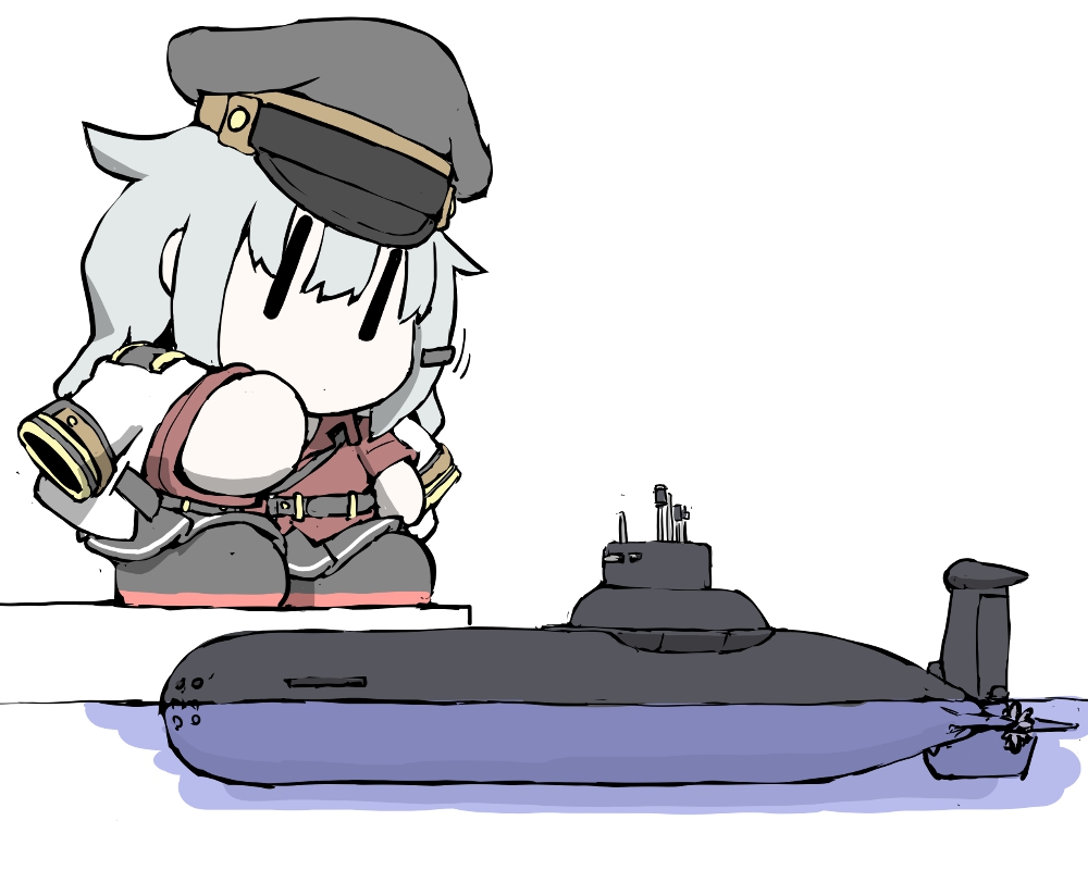1girl black_footwear black_headwear black_skirt boots chibi commentary dock full_body gangut_(kancolle) grey_hair hair_ornament hairclip hat jacket jacket_on_shoulders kantai_collection long_hair no_mouth ocean peaked_cap pleated_skirt red_shirt shirt short_sleeves simple_background skirt solo submarine task_(s_task80) typhoon_class_submarine watercraft white_background white_jacket |_|