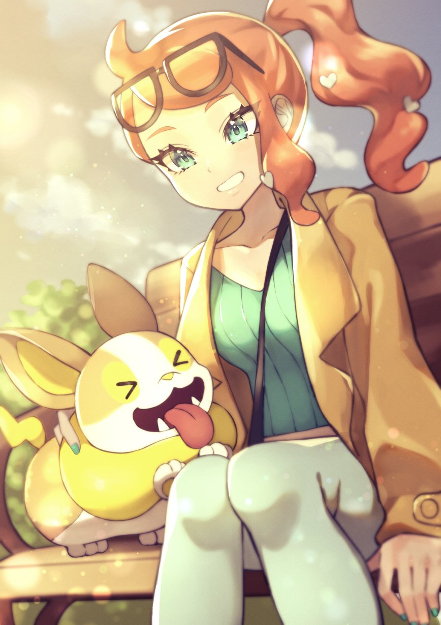 &gt;_&lt; 1girl bench between_breasts blurry breasts brown_coat closed_eyes coat commentary_request eyelashes eyewear_on_head fangs green_eyes green_nails green_shirt hair_ornament heart heart_hair_ornament highres long_hair long_sleeves nail_polish open_mouth orange_hair outdoors pants pokemon pokemon_(creature) pokemon_(game) pokemon_swsh ribbed_shirt rindoriko shirt side_ponytail sitting smile sonia_(pokemon) strap_between_breasts sunglasses tongue tongue_out yamper