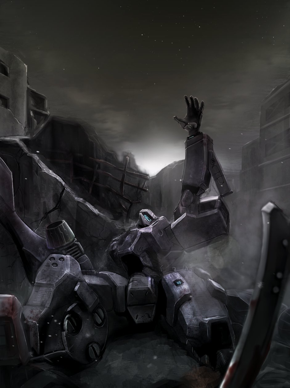 damaged f-4j_gekishin highres looking_up mecha muvluv muvluv_alternative no_humans open_hand outstretched_arm science_fiction sidehiwinder sitting solo tactical_surface_fighter visor