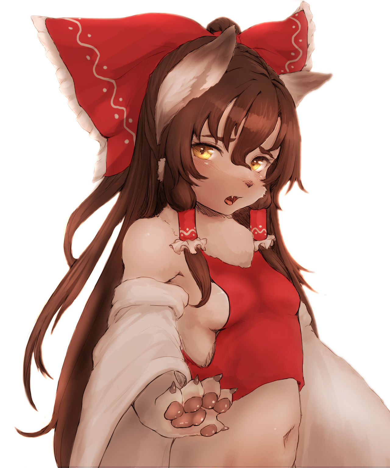 1girl animal_ears armpit_peek blush bow breasts brown_eyes brown_hair dog_ears furry furry_female hair_bow hair_tubes hakurei_reimu hawthorn highres japanese_clothes long_hair miko navel no_bra open_mouth shiny shiny_hair sideboob simple_background small_breasts solo touhou upper_body white_background