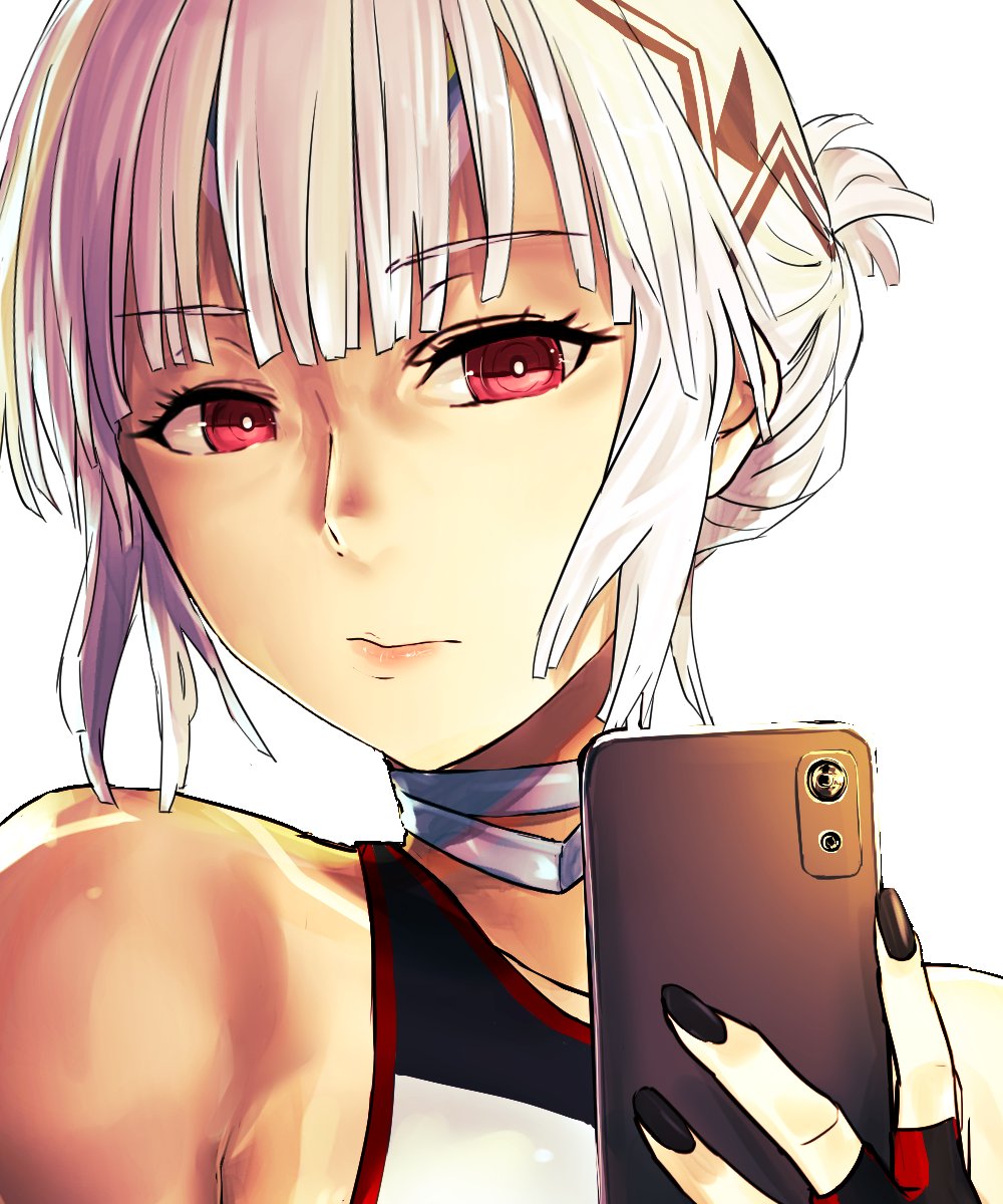 1girl altera_(fate) bare_shoulders black_gloves black_nails bright_pupils cellphone close-up closed_mouth fate/extella fate/extra fate_(series) fingerless_gloves fingernails gloves highres holding holding_phone i-pan looking_at_viewer nail_polish phone red_eyes selfie simple_background smartphone solo white_background white_hair white_pupils