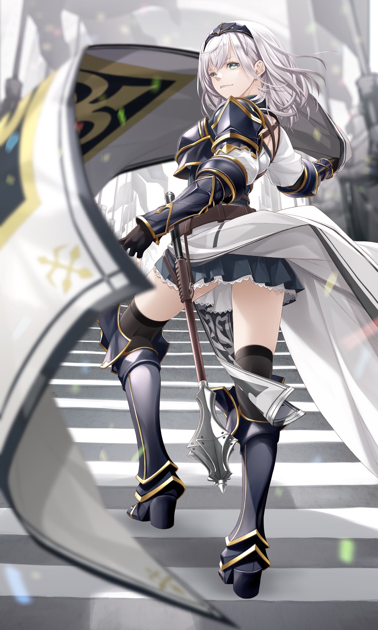 1girl armor armored_boots belt black_legwear black_skirt boots breastplate brown_belt chest_armor coat fenrir_(fenlil0316) flag highres holding holding_flag hololive holstered_weapon looking_back mace pelvic_curtain pleated_skirt shirogane_noel short_hair shoulder_armor silver_hair skirt solo stairs standing thigh-highs tiara vambraces virtual_youtuber waist_cape weapon white_coat