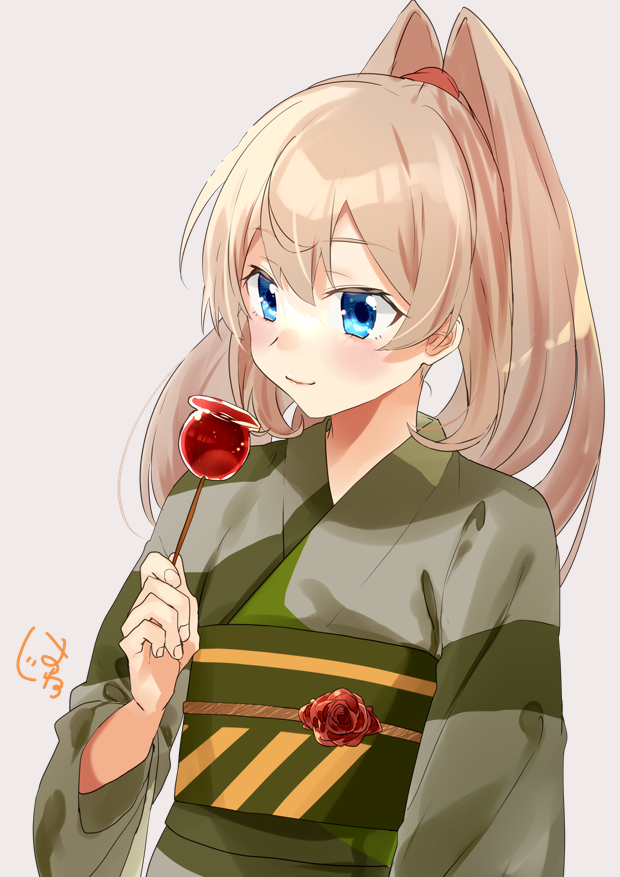 1girl bangs blonde_hair blue_eyes blush brown_background candy_apple food high_ponytail holding holding_food japanese_clothes kantai_collection kimono long_hair obi official_alternate_costume oriharaizaya819 ponytail sash simple_background solo upper_body victorious_(kancolle) wide_sleeves yukata