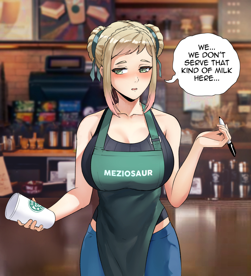 1girl alternate_costume apron bare_shoulders barista black_shirt blonde_hair blue_pants blush braid braided_bun breasts coffee_maker_(object) coffee_shop collarbone commentary contemporary cup double_bun english_commentary english_text fire_emblem fire_emblem_heroes gradient_hair green_apron green_eyes green_ribbon hair_bun hair_ribbon half-closed_eyes henriette_(fire_emblem) holding holding_cup holding_pen iced_latte_with_breast_milk_(meme) indoors large_breasts looking_at_viewer meme moize_opel multicolored_hair pants pen pink_hair ribbed_shirt ribbon shirt short_hair sidelocks sleeveless sleeveless_shirt solo speech_bubble starbucks surprised