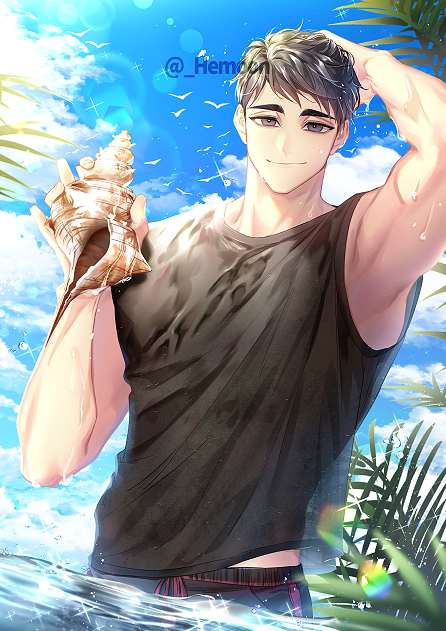 1boy arm_up armpits bangs beach bird black_hair black_shirt blue_sky closed_mouth clouds collarbone day eyebrows grey_eyes haikyuu!! hand_on_head hemoon holding holding_shell looking_at_viewer male_focus male_swimwear male_underwear miya_osamu ocean outdoors palm_tree partially_submerged seagull shell shirt short_hair sky smile solo summer swim_trunks symbol-only_commentary tree twitter_username underwear water wet